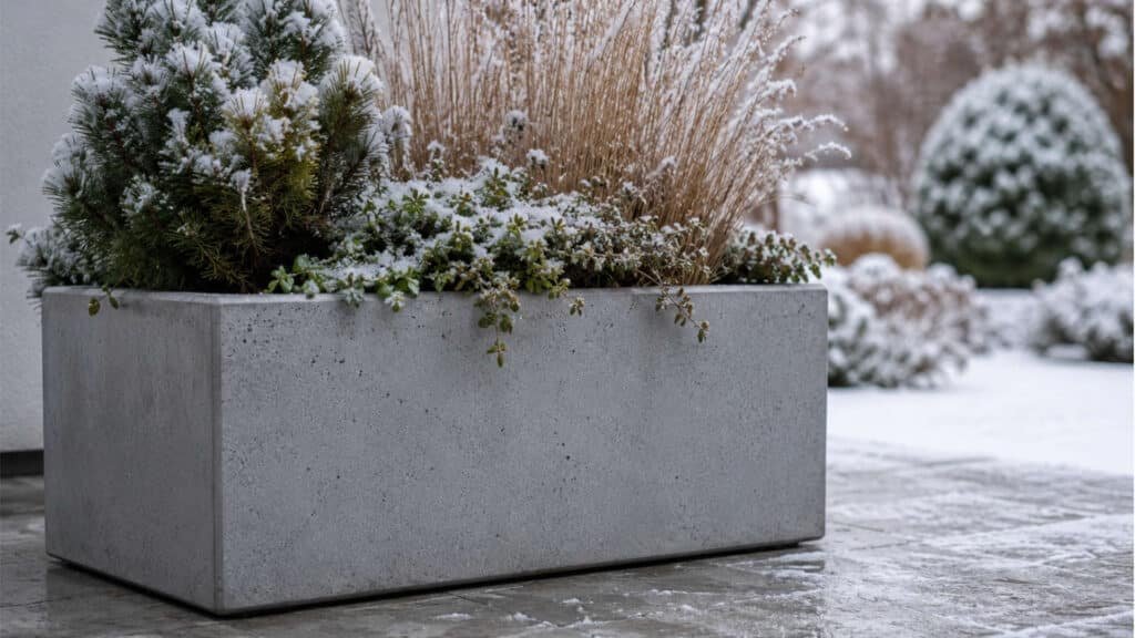 Beton-Pflanzkübel im Winter mit Schnee und gutem Wasserablauf, passend zum Thema Frostsicherheit bei Pflanzkübeln aus Beton.