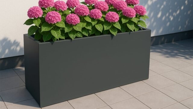 Der Pflanzkübel aus Aluminium Rechteckig 150cm x 50cm x H 60cm EDOARDO 3 in Dunkelgrau steht auf einer gefliesten Terrasse und hält üppig grüne Blätter und blühende rosa Hortensien vor eine helle Wand mit sanftem Sonnenlicht und weichen Schatten.