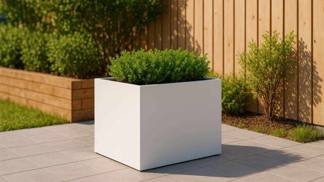 Ein quadratischer Pflanzkübel aus Aluminium (100x100xH80cm, ALESSIO 5, jede RAL Farbe) mit grünen Blättern steht auf grauen Fliesen nahe einem Holzzaun und Hochbeet im sonnigen Garten.