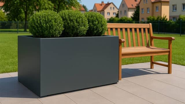 Pflanzkübel aus Aluminium Alessio 8 neben der Bank