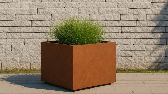 Der Pflanzkübel aus Cortenstahl Quadratisch 120cm x 120cm x H 80cm CUBI 7, rostfarben und gefüllt mit hohem grünem Ziergras, steht auf Pflaster vor einer weißen Steinmauer, Sonnenlicht von rechts wirft dynamische Schatten.