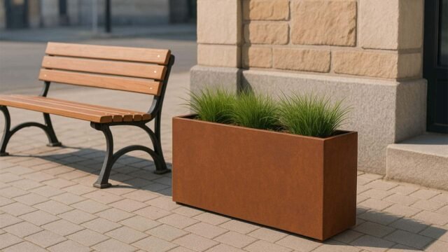 Eine Holzbank mit schwarzen Metallbeinen steht auf einem gepflasterten Gehweg neben dem Pflanzkübel aus Cortenstahl Rechteckig 120cm x 50cm x H 60cm CUBI 11, gefüllt mit hohem grünen Gras, vor einer steinernen Hauswand. Die gut beleuchtete Szene ist leer.