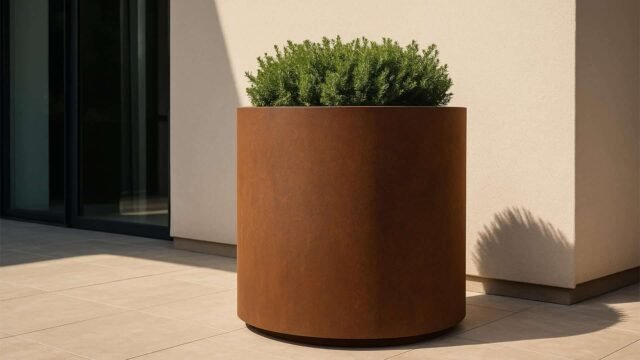 Der Pflanzkübel aus Cortenstahl Rund 95cm x H 100cm VASO 3 mit einer üppigen grünen Pflanze steht auf einer hell gefliesten Terrasse an einer cremefarbenen Wand. Das Sonnenlicht wirft scharfe Schatten und sorgt für einen klaren, modernen, minimalistischen Look im Freien.