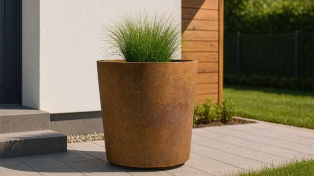 Ein Pflanzkübel aus Cortenstahl Rund 95cm x H 100cm VASO 6 mit hohem grünen Gras steht auf einer hellgrau gefliesten Terrasse an einer weißen Wand und Holzverkleidung, mit sanftem Sonnenlicht, grünem Rasen und Büschen im Hintergrund.