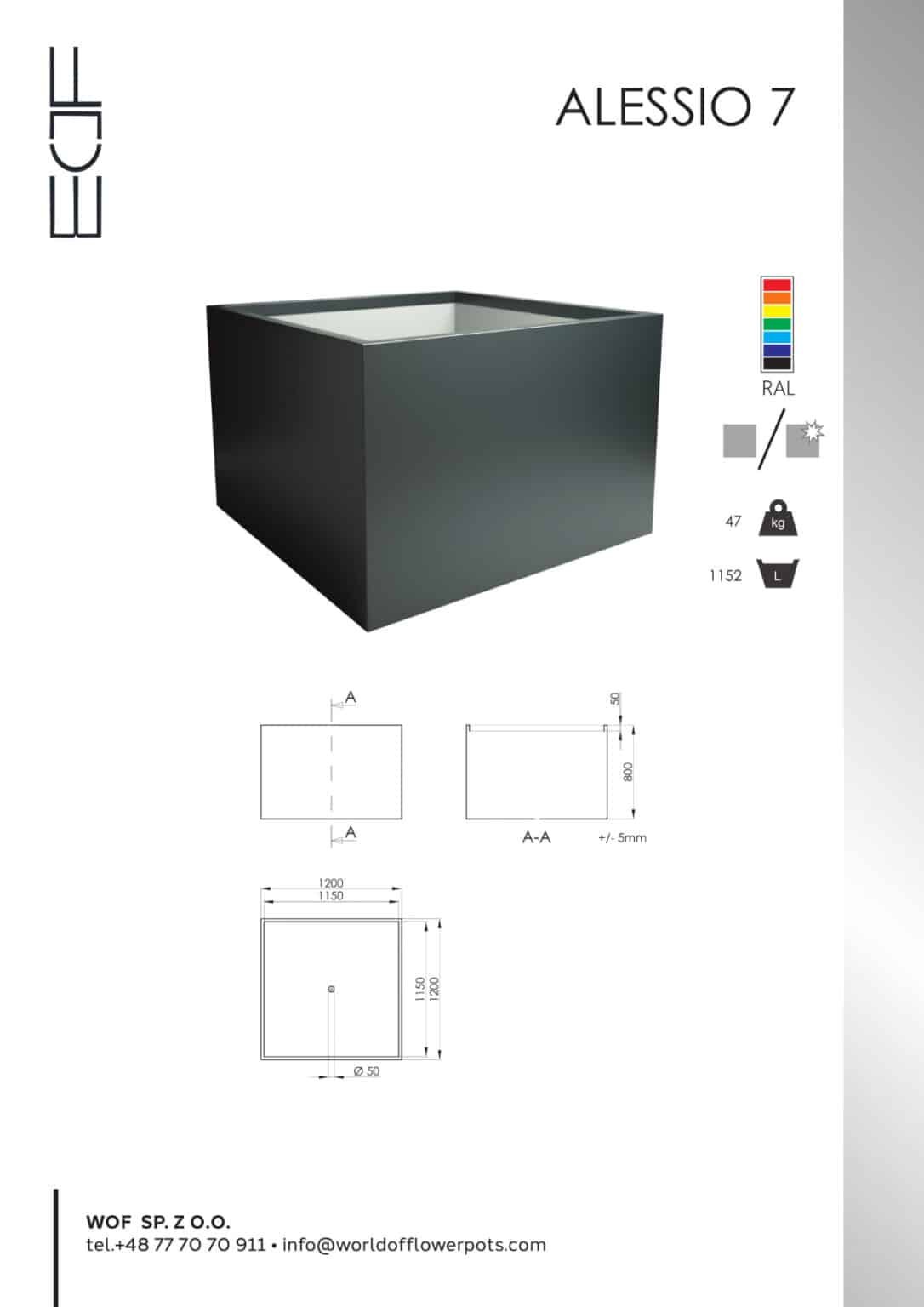 Pflanzkübel aus aluminium quadratisch in anthrazit Tech Info Model Alessio 7