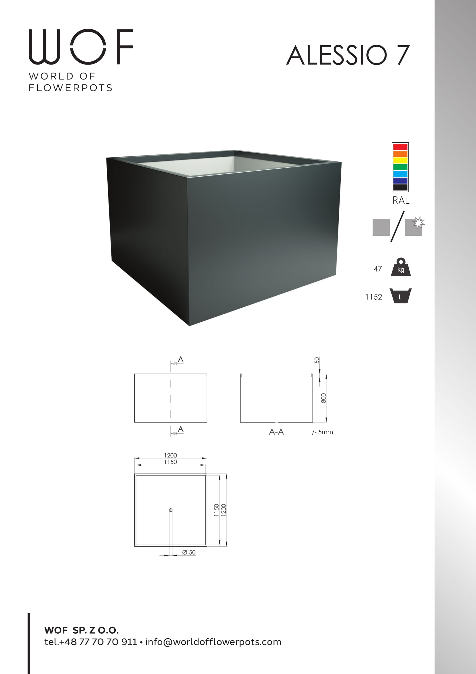 Pflanzkübel aus aluminium quadratisch in anthrazit Tech Info Model Alessio 7
