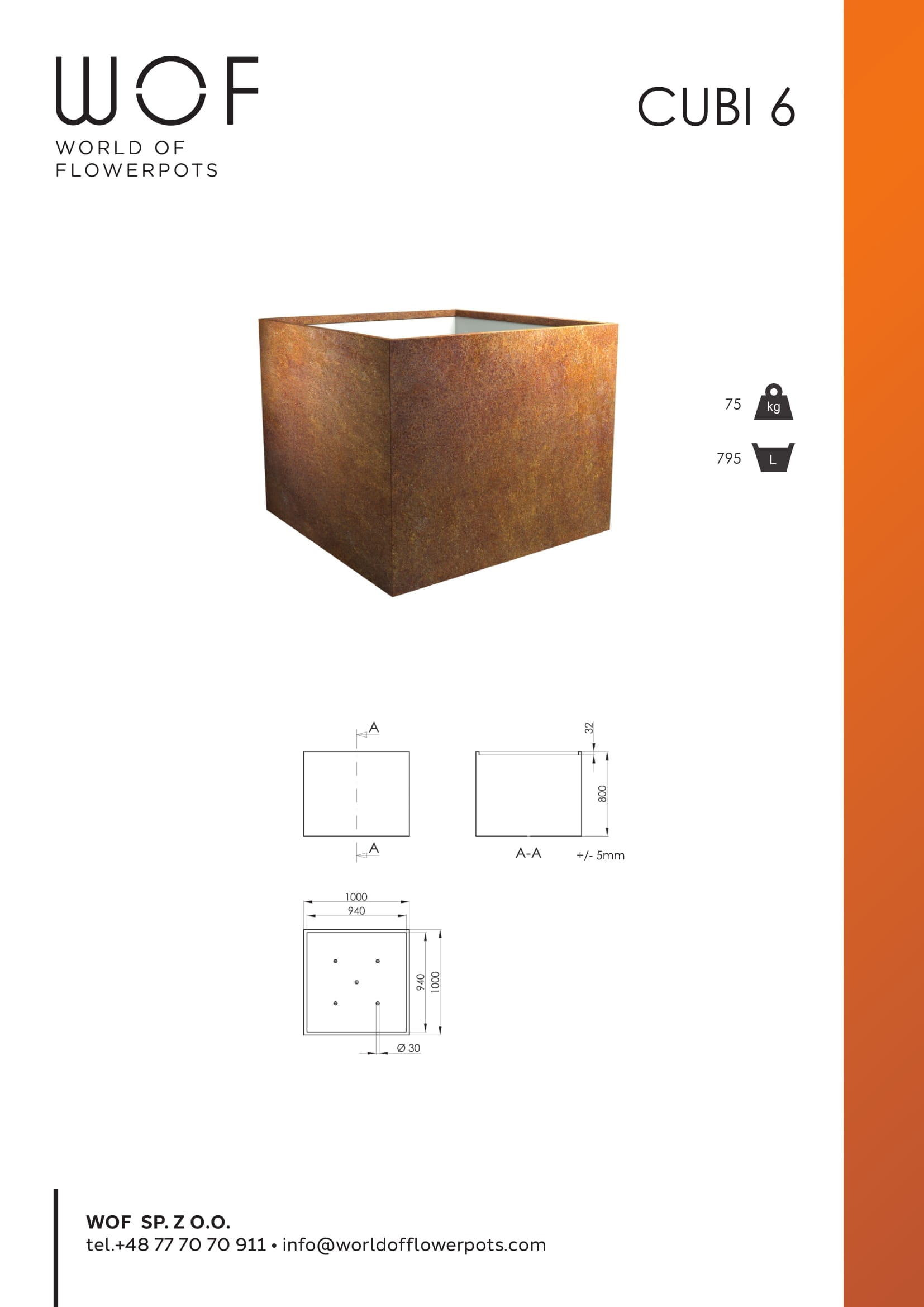 Pflanzkübel aus cortenstahl Tech Info Model Cube 6