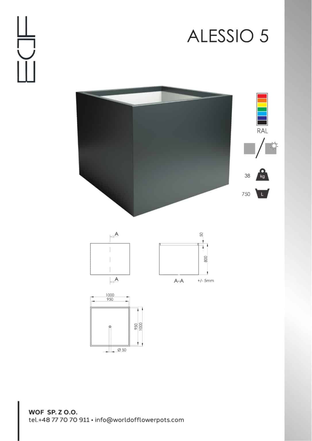 Pflanzkübel aus aluminium eckig in anthrazit Tech info Model Alessio 5