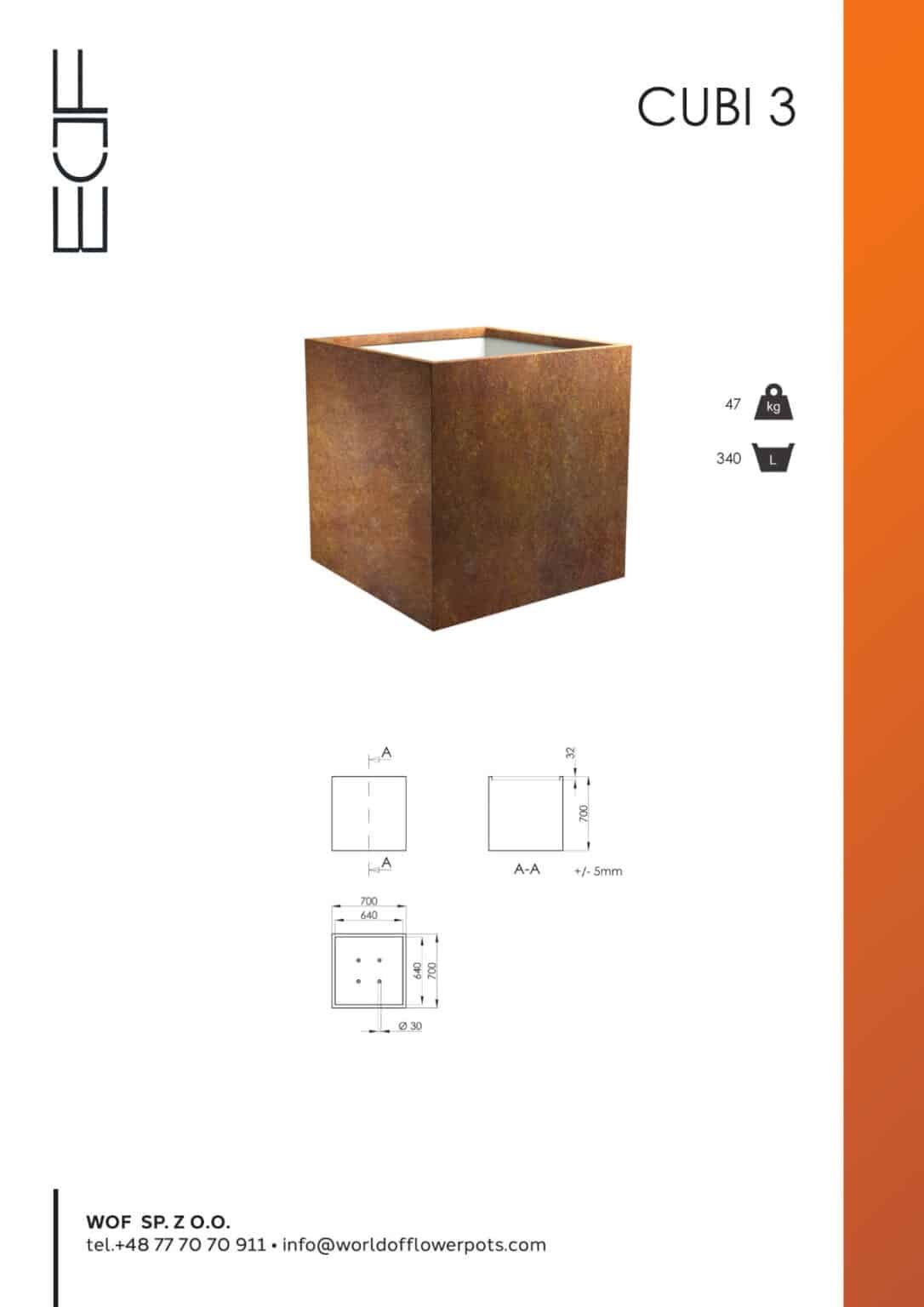 Pflanzgefäss aus Cortenstahl Tech Info Model Cubi 3