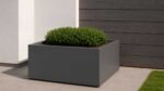 Ein quadratischer Pflanzkübel aus Aluminium ALESSIO 14 (160x160xH50cm, jede RAL Farbe) in Dunkelgrau mit einem runden grünen Strauch steht auf einer modernen Terrasse neben einem Gebäude mit weißer und dunkler horizontaler Verkleidung; die Szene ist minimalistisch und aufgeräumt.