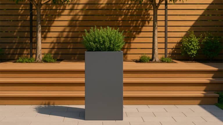 Ein moderner Pflanzkübel aus Aluminium Rechteckig 50cm x 50cm x H 80cm VITTORIO 4 in Grau, gefüllt mit einem dichten grünen Strauch, sitzt mittig auf einer hellen Steinterrasse mit Holzstufen und waagerechten Zaunfeldern, eingerahmt von belaubten Bäumen.