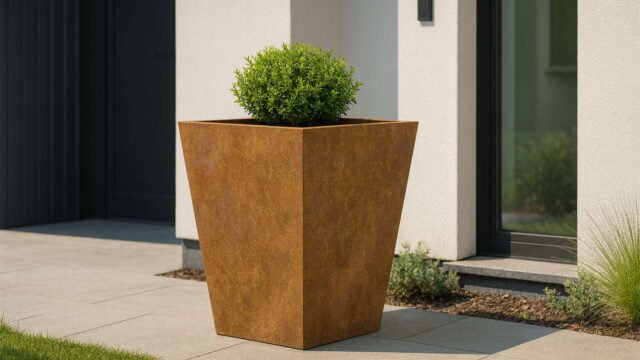 Ein großer rostfarbener Pflanzkübel aus Cortenstahl Rechteckig 89,8cm x 89,8cm x H 80,6cm DANIELE CORTEN mit einem kleinen grünen Rundstrauch steht auf einer modernen Steinterrasse vor einem weißen Gebäude mit großen Fenstern und minimaler Bepflanzung.