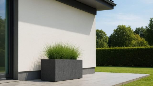 Im Außenbereich eines modernen Hauses steht der Pflanzkübel aus Fiberglas in Beton Optik Rechteckig 150cm x 50cm x H 50cm BRUNO, bepflanzt mit hohem grünem Gras auf einer gefliesten Terrasse, in stilvollem Kontrast zu weißen Wänden, schwarzen Zierleisten und üppigem Grün unter blauem Himmel.