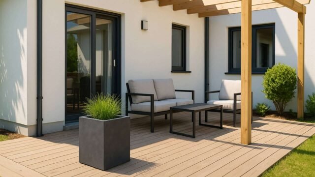 Eine moderne Terrasse mit einer schwarz gerahmten Glastür, gepolsterten Sesseln, einem Tisch und dem quadratischen Pflanzkübel aus Fiberglas in Beton Optik (50x50xH50cm CLOE) mit hohem Gras, umgeben von Grünzeug vor einer weißen Hauswand.