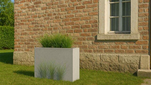 Ein weißer Pflanzkübel aus Fiberglas in Beton Optik, rechteckig 90x25x80cm (Modell LORENZO), steht mit hoher grüner Bepflanzung auf dem Rasen neben einem Backsteinhaus mit Steinfundament und weiß gerahmtem Fenster.