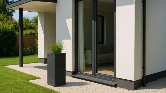Modernes Haus mit weißen Wänden, schwarz gerahmter Glasschiebetür und heller Steinterrasse. Ein quadratischer Pflanzkübel aus Fiberglas in Beton Optik (LUIGI 40x40x80cm, Anthrazit) gefüllt mit grünem Gras steht neben dem Rasen, dem Holzzaun und den Bäumen.