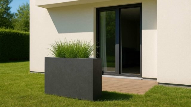 A Pflanzkübel aus Fiberglas in Beton Optik Rechteckig 100cm x 30cm x H 80cm MANUEL, bepflanzt mit hohem Ziergras, steht auf dem Rasen neben der Schiebetür eines modernen Hauses mit weißer Wand und Holzterrasse.