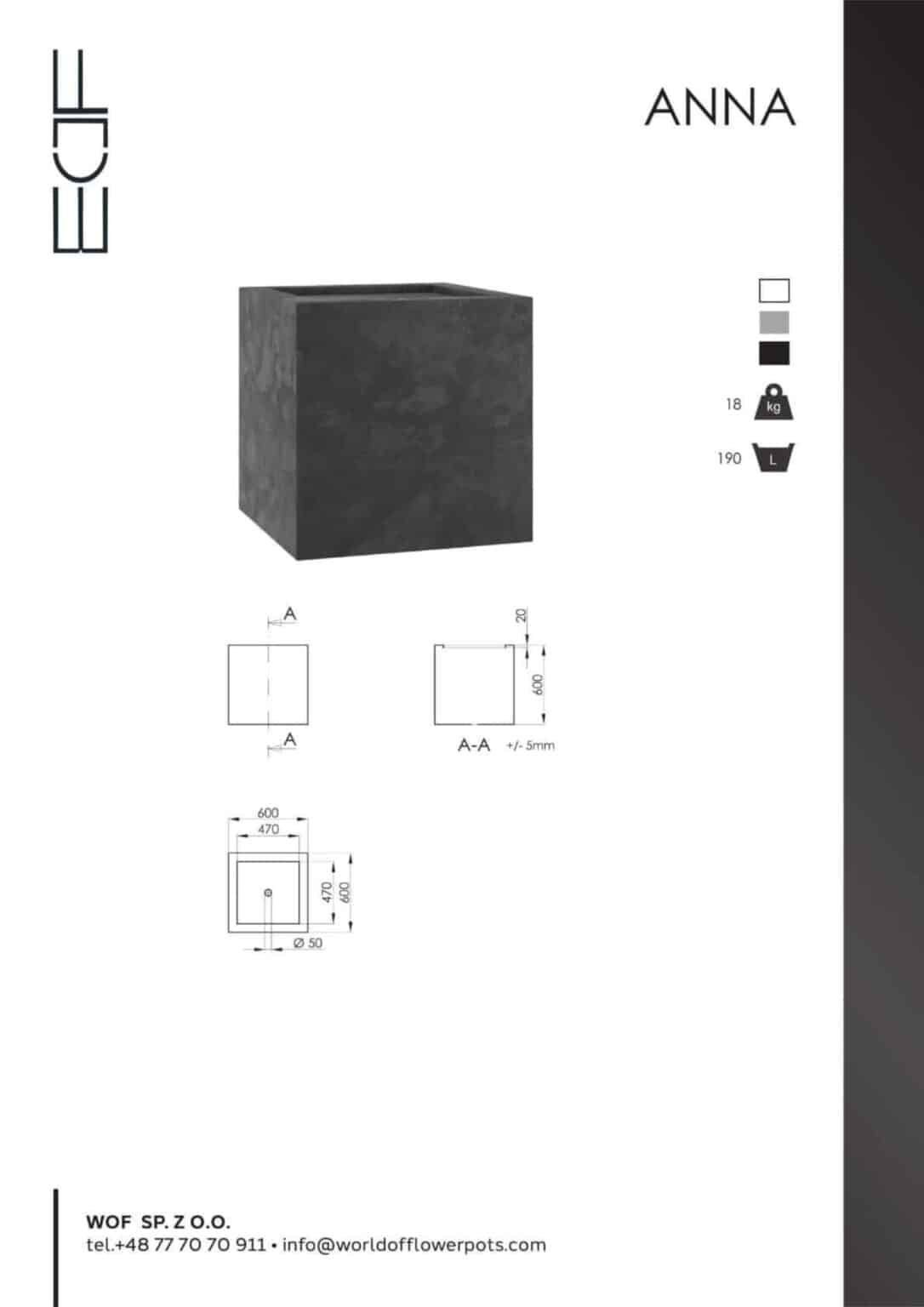 Produktblatt für "Pflanzkübel aus Fiberglas in Beton Optik Quadratisch 60x60xH60cm ANNA" (Weiß, Grau, Anthrazit) zeigt 3D-Abbildung, technische Zeichnungen (60x60x60 cm), Icons für Farbe, Gewicht (18 kg), Fassungsvermögen (190L) und WOF SP. Z O.O. Kontaktinformationen.