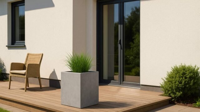 Auf einer modernen Terrasse mit hellem Holzbelag steht der quadratische Pflanzkübel aus Fiberglas in Beton Optik 60x60xH60cm ANNA (in Weiß, Grau oder Anthrazit) mit hohem Gras, einem Korbsessel, einer Glasschiebetür und Bäumen, die sich im cremefarbenen Haus spiegeln.