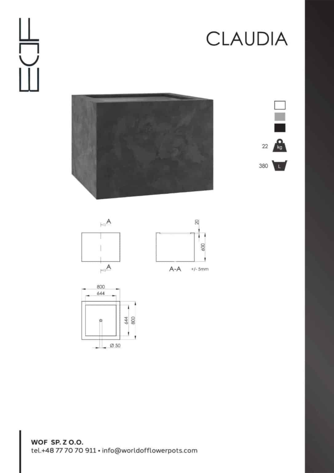 Pflanzkübel aus Fiberglas in Beton Optik Quadratisch CLAUDIA