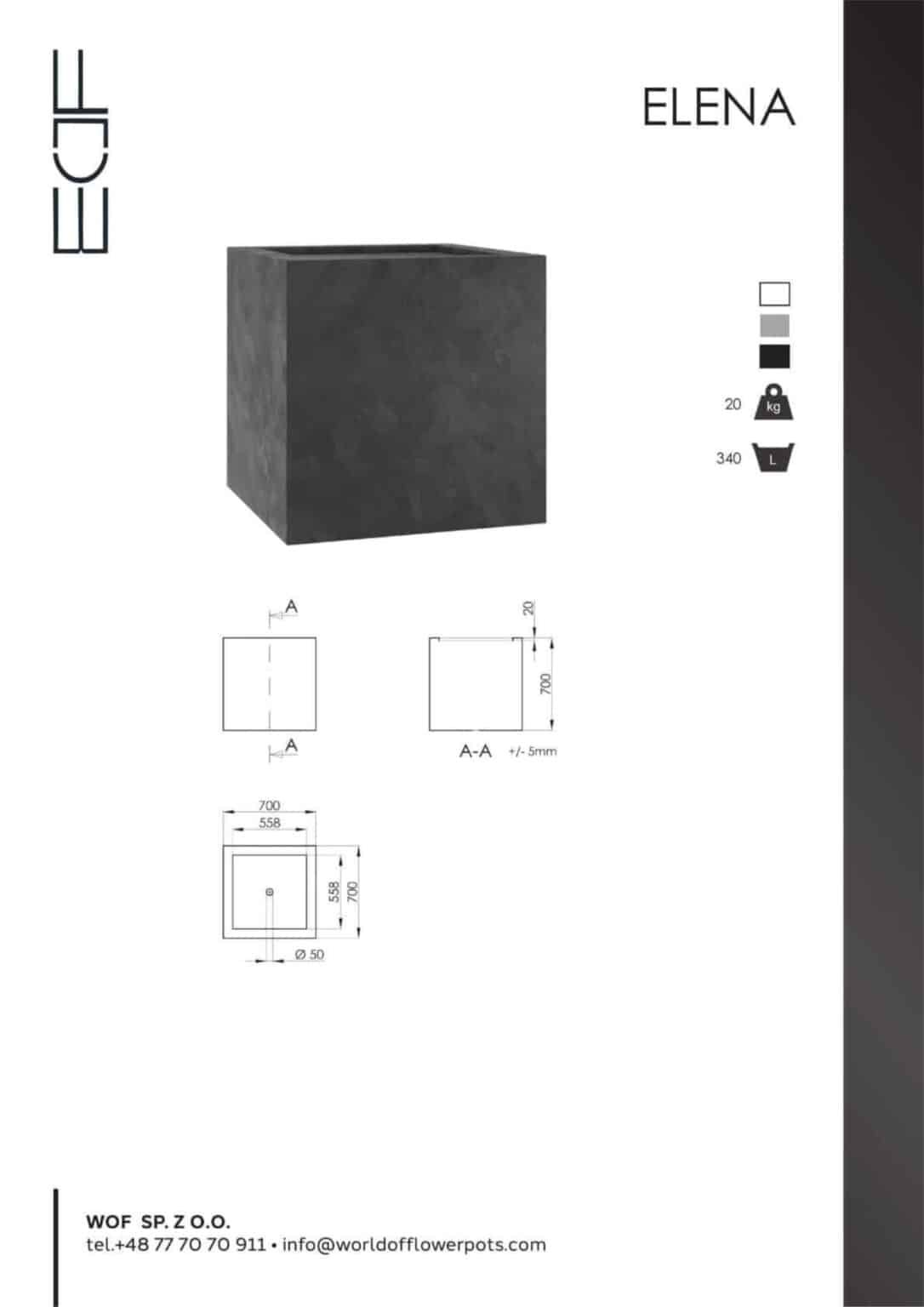 Der ELENA Pflanzkübel aus Fiberglas in Beton Optik (70x70xH70cm), quadratisch und erhältlich in Weiß, Grau oder Anthrazit, wird mit technischer Zeichnung, Maßen und Material-/Farbicons gezeigt. WOF SP. Z O.O. Kontaktdaten unten.