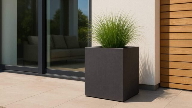 Auf einer modernen Terrasse mit großen Glasschiebetüren steht der ELENA Pflanzkübel aus Fiberglas in Beton Optik (70x70xH70cm, Anthrazit) mit hohem Gras, beigen Bodenfliesen, einer weißen Wand und vertikalen Holzpaneelen; das Sonnenlicht wirft weiche Schatten.