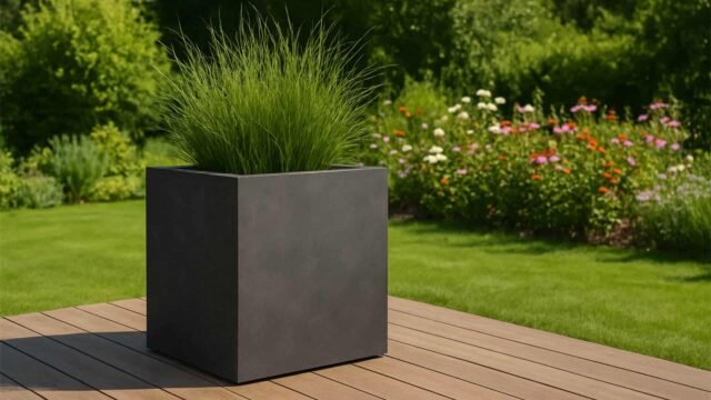 Ein Pflanzkübel aus Fiberglas in Beton Optik quadratisch 100x100x80cm SARA (lieferbar in Weiß, Grau, Anthrazit) mit hoher Ziergrasbepflanzung steht auf einer Holzterrasse. Dahinter leuchten Rasen, Blumen und Bäume im sonnigen Garten.