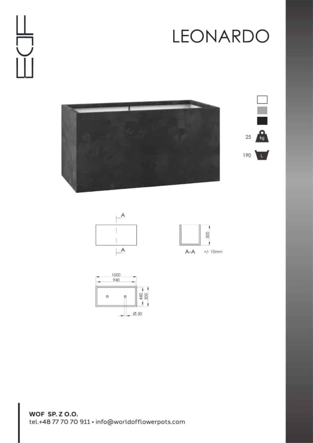 Pflanzkübel aus Fiberglas in Beton Optik Rechteckig LEONARDO