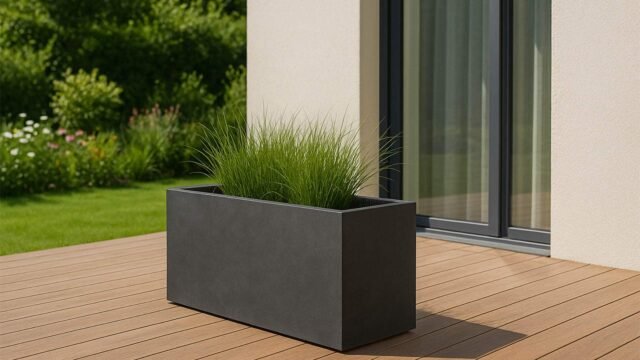 Ein Pflanzkübel aus Fiberglas in Beton Optik (100x40xH40cm, Modell STEFANO 1, erhältlich in Weiss, Grau oder Anthrazit) mit hohem Gras steht auf einem hellen Holzdeck neben einem modernen Gebäude mit Blick auf Rasen und Blumen.