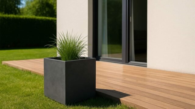Ein moderner Innenhof mit hellem Holzbelag liegt neben einem weißen Gebäude. Ein großer URANO Pflanzkübel aus Fiberglas in Beton Optik, 50x50x50cm, gefüllt mit hohem grünem Gras steht neben der Terrasse, neben einer Glastür, in der sich sonnenbeschienene Bäume und eine gepflegte Hecke spiegeln.