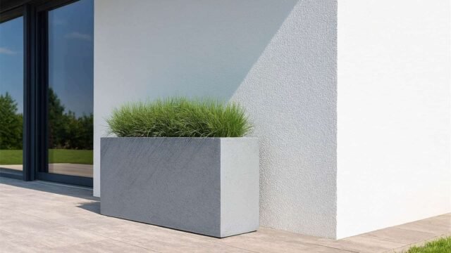 Ein 120x50x50cm rechteckiger Pflanzkübel aus Fiberglas in Beton Optik, Modell ENZO (weiß, grau oder anthrazit), steht mit Ziergras auf einer gefliesten Terrasse neben einem modernen weißen Gebäude mit Fenster und grünem Rasen.