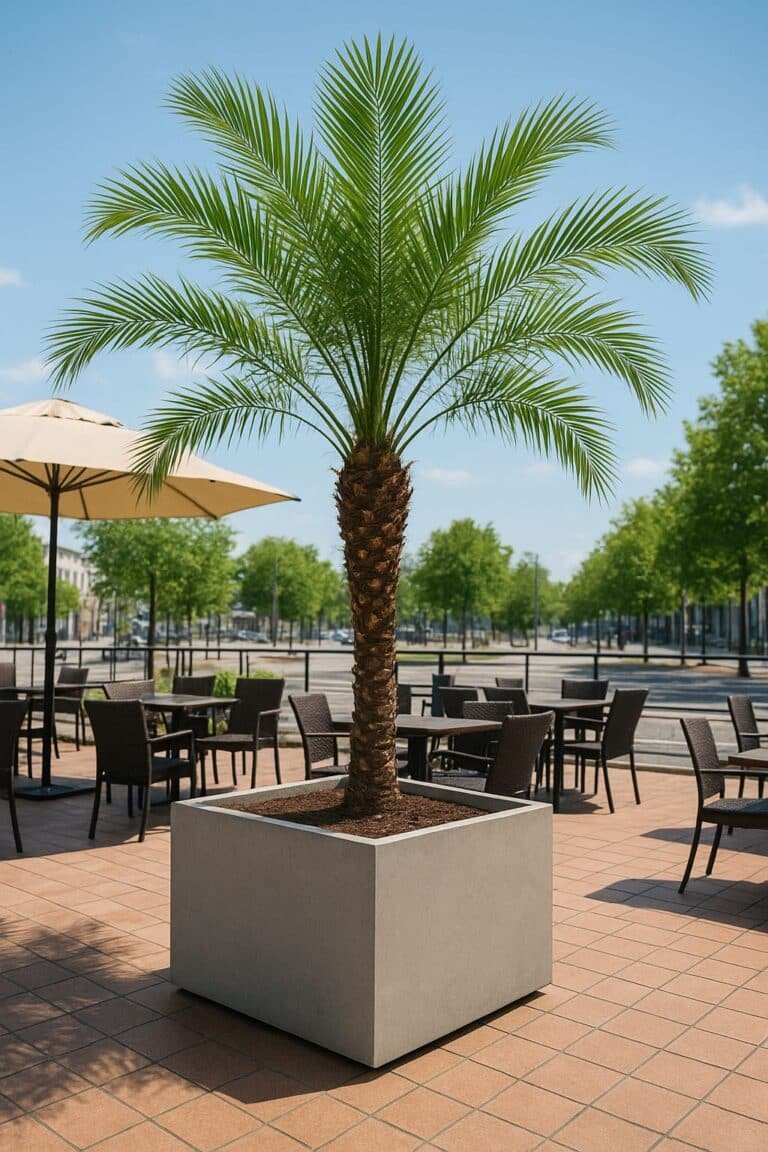 Eine hohe Palme (Palmen im Freien) in einem großen quadratischen Pflanzgefäß steht auf einer gefliesten Terrasse im Freien, umgeben von leeren schwarzen Stühlen und Tischen. Weitere Bäume, Sonnenschirme und ein strahlend blauer Himmel erhellen den aufgeräumten, sonnenbeschienenen Platz.