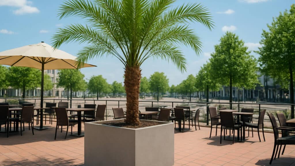 Beton-Pflanzkübel mit Palme auf der Restaurantterrasse, umgeben von modernen Sitzplätzen.
