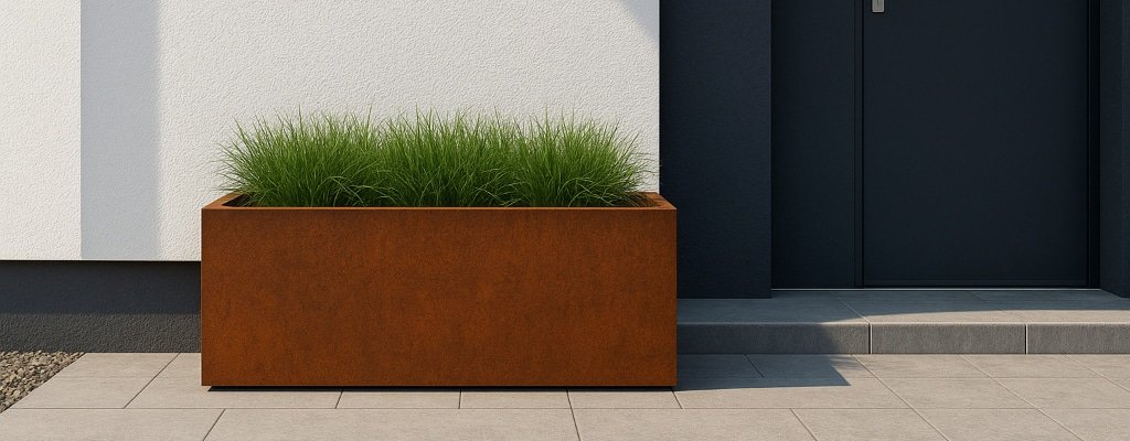 Ein großer rechteckiger Cortenstahl-Pflanzkübel, gefüllt mit hohem grünen Gras, steht auf einer hellgrau gefliesten Terrasse vor einem modernen Gebäude mit weißen und dunkelgrauen Wänden und einer dunklen Tür.