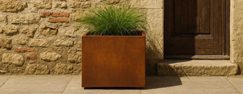 Ein quadratischer, rostfarbener Cortenstahl-Pflanzkübel mit hohem grünem Gras steht auf einer steinernen Terrasse neben einer Holztür, die in eine beigefarbene Steinmauer mit unebenen Ziegeln und sichtbarem Mörtel eingelassen ist.