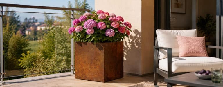 Quadratischer Pflanzkübel aus Cortenstahl mit rosa Hortensien auf einem sonnigen Balkon neben einem Gartenstuhl