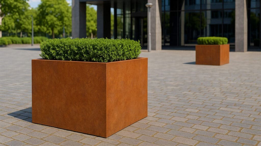 Grosse Cortenstahl Pflanzkübel Quadratisch 120cm x 120cm x H 100cm CUBI 19