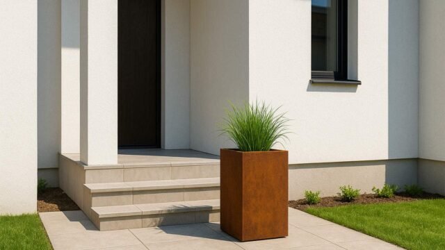 Ein moderner Hauseingang mit drei gefliesten Stufen führt zu einer dunklen Tür. Auf dem Treppenabsatz steht ein mit Ziergras gefüllter Pflanzkübel aus Cortenstahl Quadratisch 40cm x 40cm x H 60cm CUBI 13 neben einer weißen Fassade, einem schwarz gerahmten Fenster und einer gepflegten Gartenanlage.