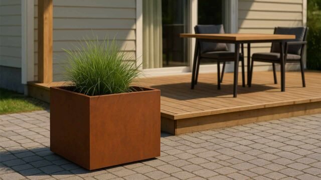 Ein Pflanzkübel aus Cortenstahl Quadratisch 90cm x 90cm x H 60cm CUBI 14 mit grünem Ziergras sitzt auf einer gepflasterten Terrasse, vor einer Holzterrasse mit einem quadratischen Tisch, zwei schwarzen Stühlen und Glastüren eines beigefarbenen, von Sonnenlicht beleuchteten Hauses.