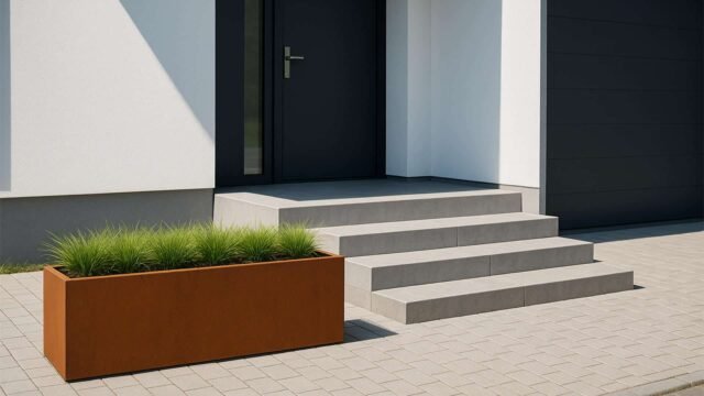 Ein moderner Vordereingang mit grauen Stufen, einer schwarzen Tür und einem Pflanzkübel aus Cortenstahl Rechteckig 120cm x 30cm x H 30cm CUBI 17 mit hohen grünen Gräsern auf dem hellgrauen Gehweg neben der weiß-grauen Fassade.