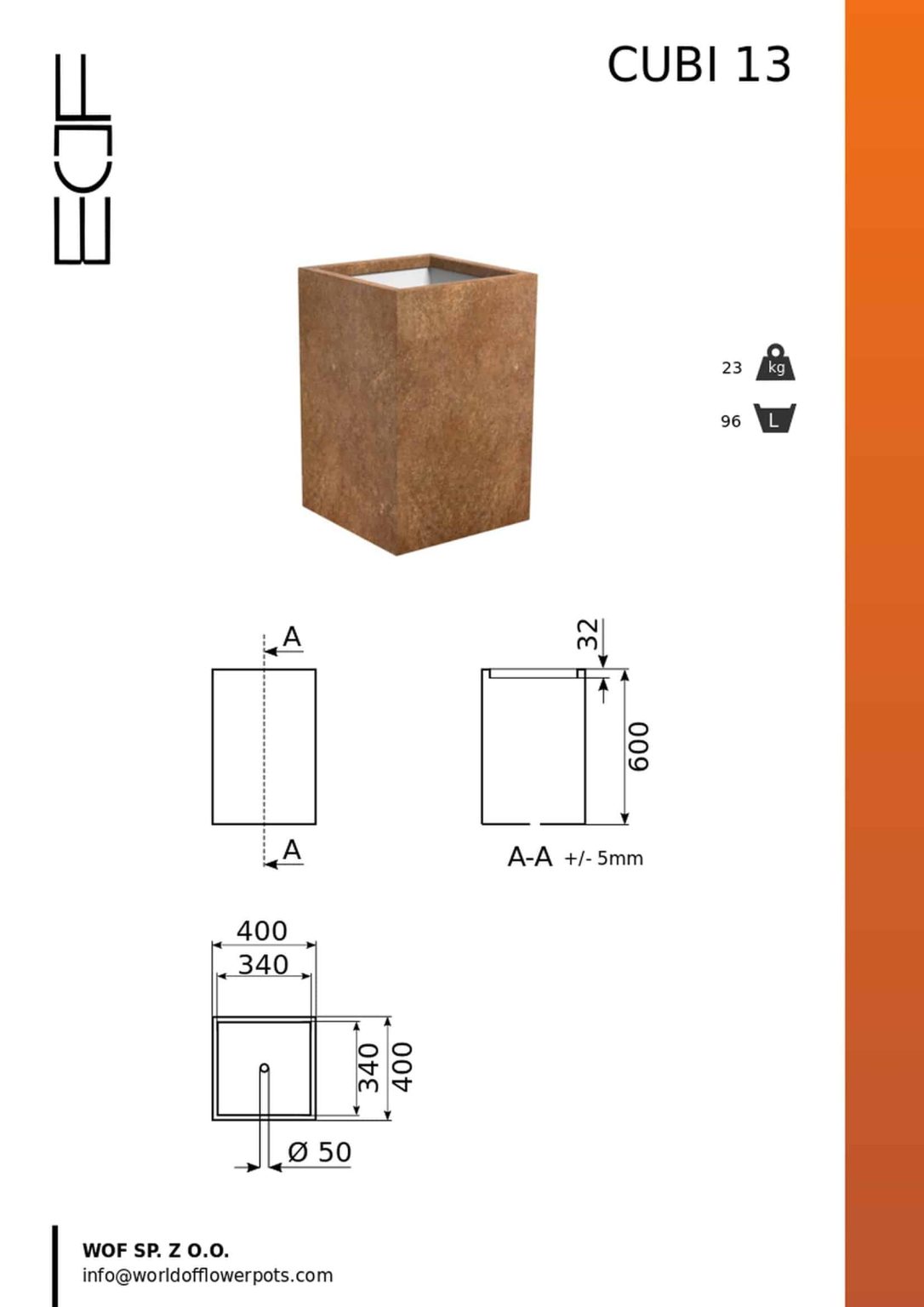 Pflanzkübel aus cortenstahl tech info Cubi 13