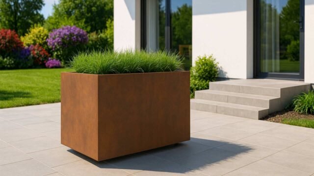 Der rechteckige Pflanzkübel aus Cortenstahl CECILIA 14 MOBILE (150x50x70,3cm) auf Rollen steht mit hohem grünen Gras bepflanzt auf einer gefliesten Terrasse vor einem modernen weißen Haus, umgeben von grauen Stufen und bunten Gartensträuchern.