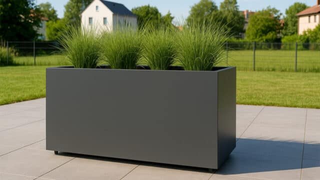 Mobiler Pflanzkübel aus Aluminium Apollo 25 auf der Terrasse