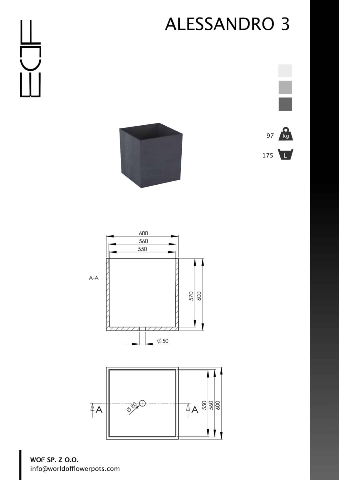 pflanzkübel beton quadratisch Tech info Model Alessandro 3