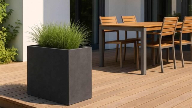 Ein großer schwarzer Pflanzkübel nach Maß aus Fiberglas in Beton Optik - Stein mit hohem grünen Gras steht auf einer hellen Holzterrasse neben einem Terrassentisch und Stühlen an einem Gebäude mit großen Fenstern und dunklen Rahmen, wobei das Sonnenlicht klare Schatten wirft.