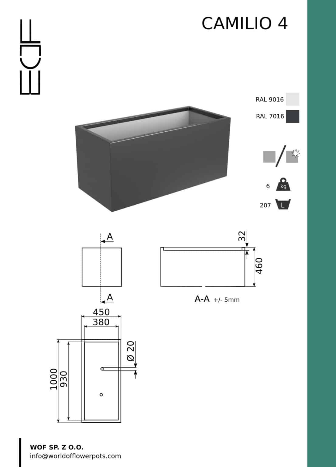 Terrassen Blumenkübel Camilio 4 Tech info