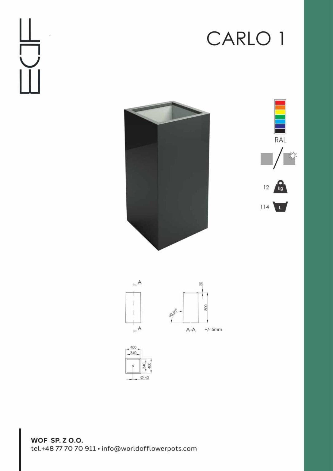 Fiberglas Pflanzkübel hoch-Carlo - 1 tech-info