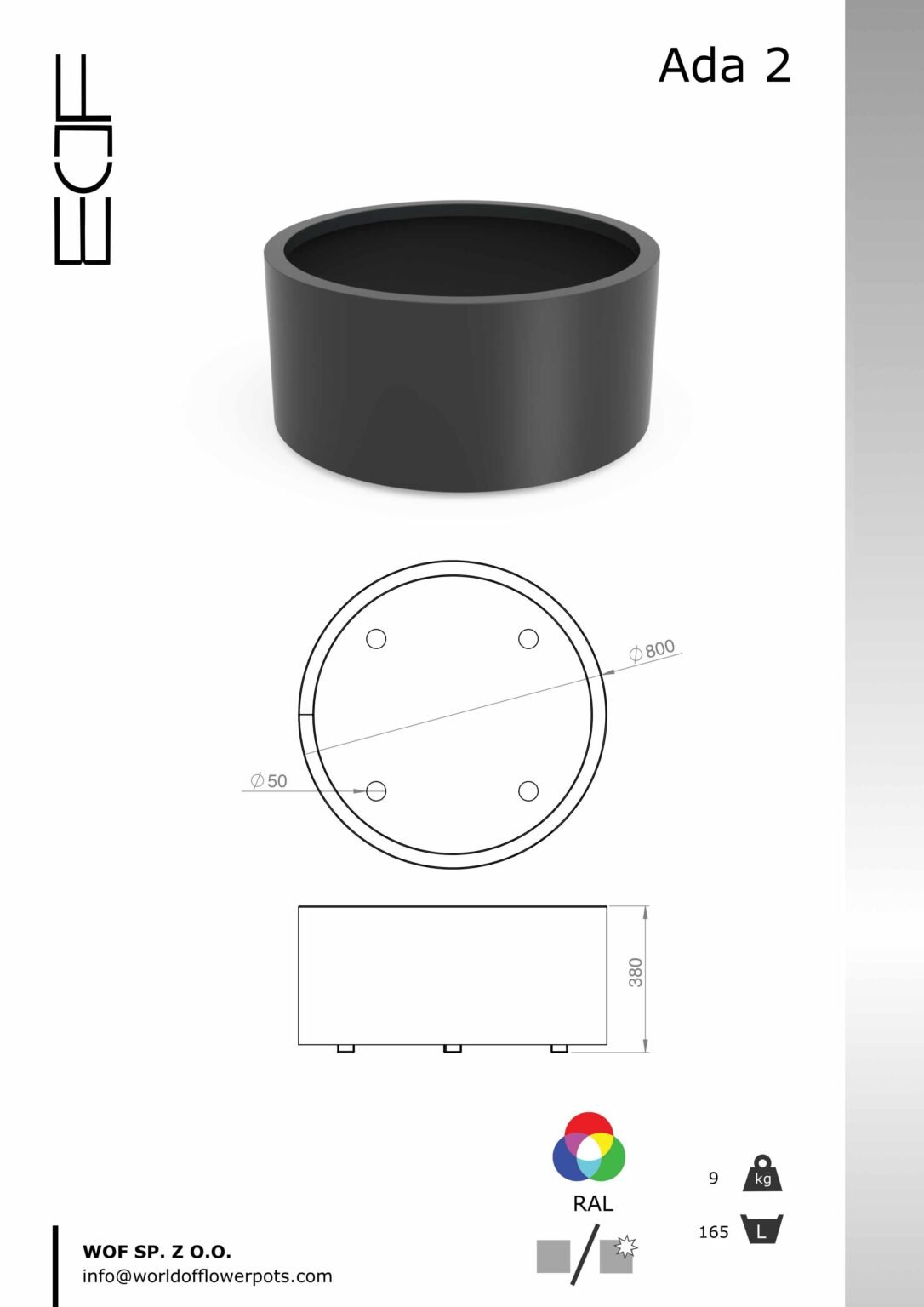 Pflanzkübel aus Aluminium Rund Ada 2.tech-info