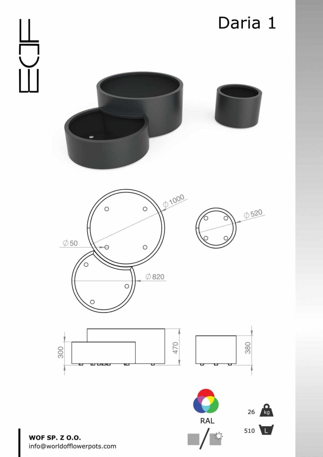 Pflanzkübel aus Aluminium Rund Daria 1 set - tech info