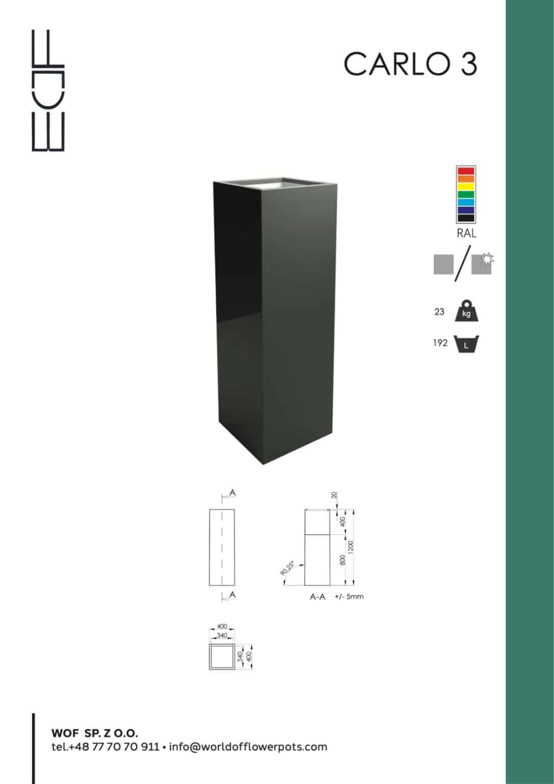 Blumenkübel aus fiberglas Model Carlo 3 Technische Informationen